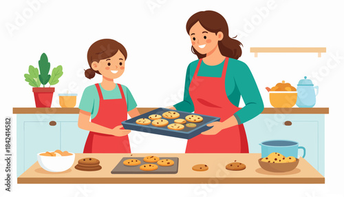Joyful mother and daughter baking delicious homemade cookies together in a cozy kitchen, sharing happy moments and creating sweet memories of family bonding