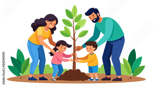 Happy family planting a tree together, symbolizing environmental care, growth, and sustainable living for a greener future for all
