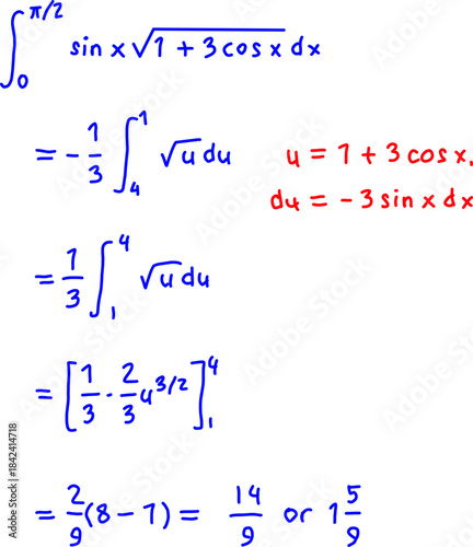 Handwritten calculus solution showing integral substitution steps with colorful annotations, ideal for educational, academic, and math learning materials.