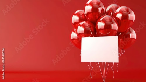 A bunch of red balloons with a white sign in the middle. The sign is empty. The balloons are in the air