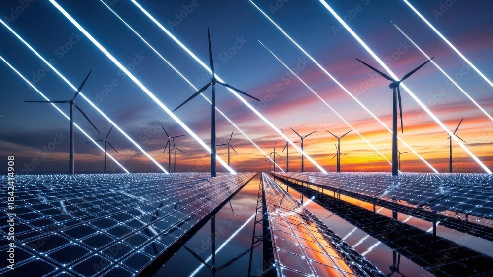 Obraz premium Renewable energy farm with solar panels and wind turbines at sunset.