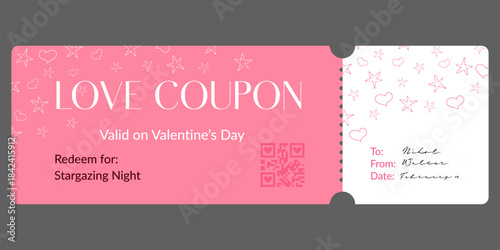 Vector love coupon with the text “stargazing night”, decorated with hand drawn hearts and stars, romantic pink color palette, and elegant typography for Valentine’s Day concept