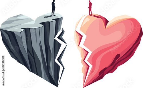 Broken heart cliff illustration, emotional separation artwork, symbolic relationship divide, contrast in love graphic, metaphorical heartbreak design