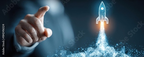 Businessman holding virtual rocket launch concept. A businessman launching a digital rocket symbolizing innovation.