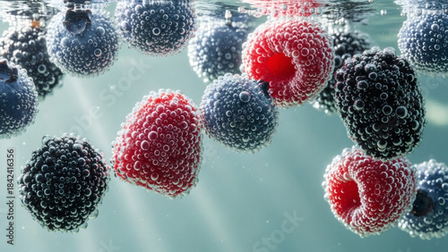 Fresh raspberries and blackberries floating in clear water isolated on white background