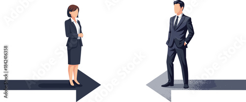Business interaction illustration, directional arrow graphic, professional confrontation concept, opposing viewpoints artwork, corporate relationship visual design