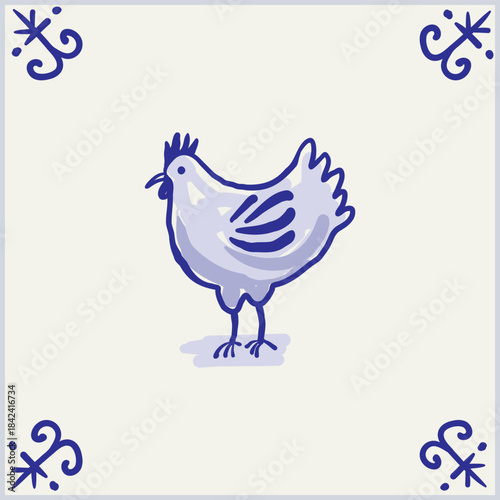 Delft tile with chicken, vintage ceramic inspired illustration.