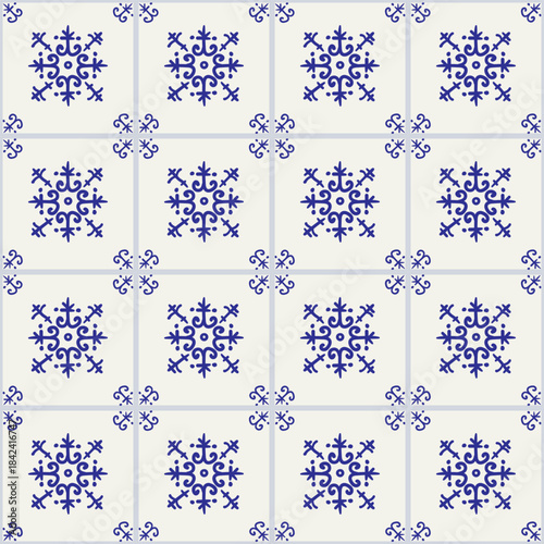 Delft tile seamless pattern, vintage style blue and white painted tiles.