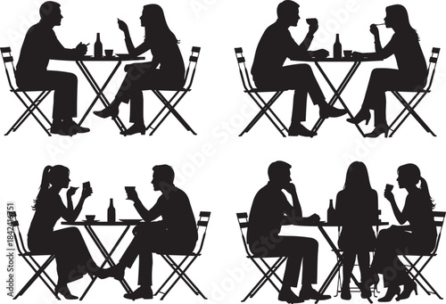 Set of four male and female couple silhouettes sitting at tables, talking, enjoying drinks, and communicating, representing casual dating, social interaction, and restaurant leisure vector.