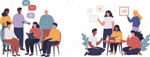 Community learning illustration, educational discussion character graphic, storytelling and idea sharing artwork, cheerful group design, cartoon collaboration visual