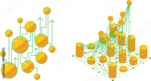 Digital finance illustration, cryptocurrency network graphic, blockchain transaction concept, coin stack growth artwork, financial technology visual design