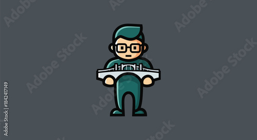 A cartoon engineer in glasses holds a miniature arch bridge. Gray background