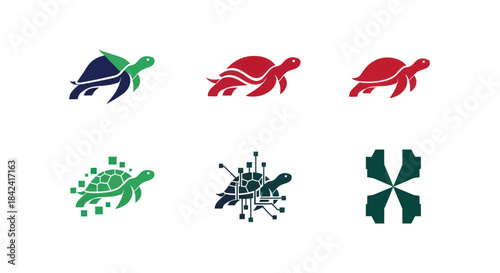 Six stylized turtle illustrations, each in a unique design and color scheme