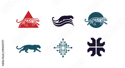 Six distinct logos on white, featuring stylized big cats, a circuit design, and geometric shapes