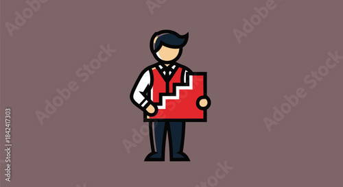 Illustration of a person in a vest holding a red chart with descending steps