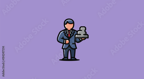 A stylized illustration of a businessman in a suit holding a dark gray abstract object