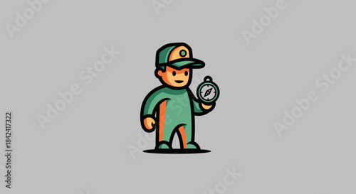 Cartoon person in jumpsuit and cap holds a compass, on gray background