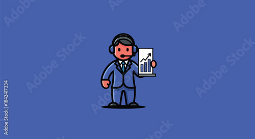 Cartoon person in a suit with a headset holds chart with a rising graph, on a blue background