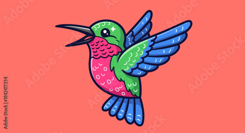 Cartoon hummingbird with blue wings, green head, pink body on coral background