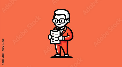 Cartoon figure in a red suit holds a clipboard, one item checked, on orange background