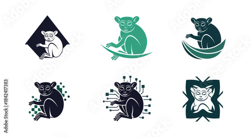 Six minimalist illustrations of tarsiers in varying colors and backgrounds
