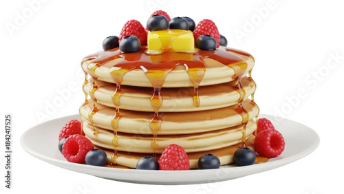 Foto Stack of pancakes with maple syrup and berries isolated PNG, breakfast dessert f