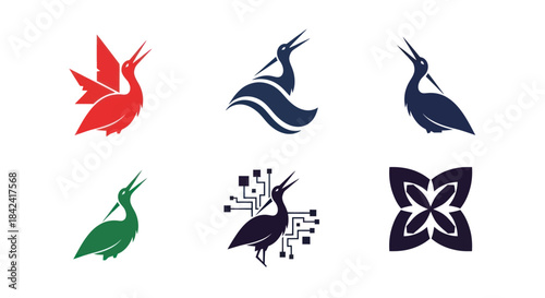 Six bird-like icons with varying shapes, colors, and design elements. Solid colors