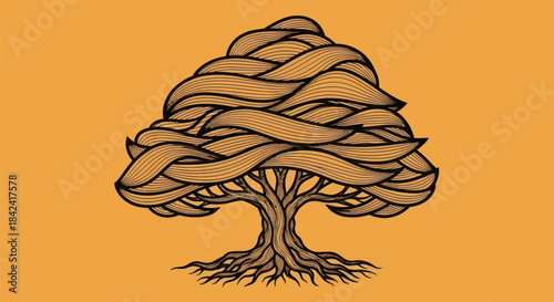 Stylized tree illustration with flowing, textured foliage, detailed roots and a sepia and black palette