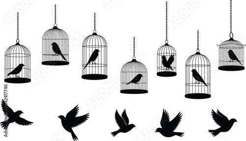 Bird cages, flying birds, silhouette illustration, hanging cages with birds, freedom concept, escaping birds artwork, vintage cage design, nature silhouette 