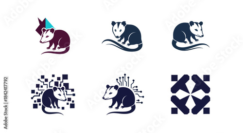 Vector graphic featuring opossum silhouettes in various poses with digital and abstract elements