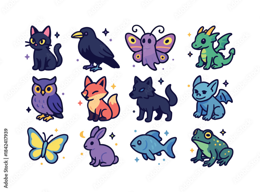 Obraz premium Whimsigoth Creature Icons. Whimsigoth Creature Companions. Color