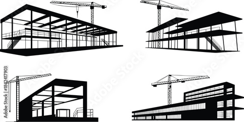Construction building silhouettes, modern structural framework with tower cranes, architectural development concepts, industrial construction site 