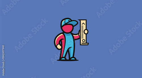 A cartoon figure in a cap and overalls holds a ruler on a blue background