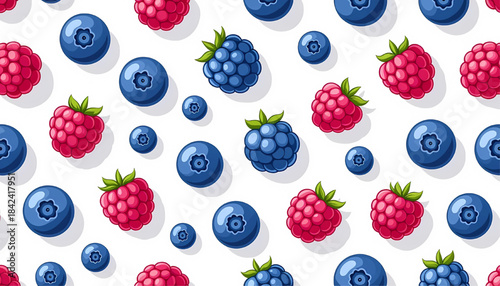 Berries Pattern Background Vector Illustration - Fresh Raspberries Blueberries Blackberries with Leaves on White Background