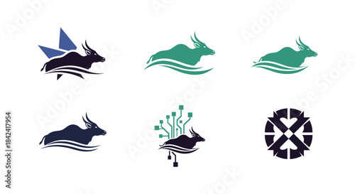 A collection of stylized bull logos, incorporating waves, tech elements, and geometric patterns