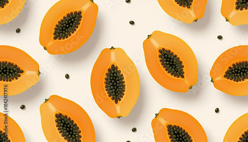 Papaya Pattern Background Vector Illustration - Fresh Cut Papayas with Seeds on Cream Background
