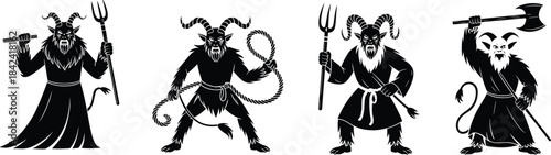 Krampus demon silhouettes, mythical creature illustrations, scary horned monsters with weapons, folklore beast characters, black and white fantasy horror design set