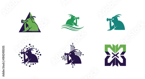 Six abstract designs feature a creature observing through a scope, various styles, green and purple colors
