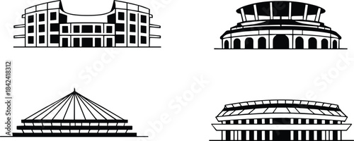Modern stadium buildings, sports arena silhouettes, architectural venue icons, contemporary dome structures, event complex illustrations, vector stadium designs, large arena graphics