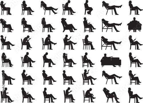 Large vector set of diverse male and female silhouettes sitting and relaxing in chairs, reading books, and using devices, representing leisure, audience, and quiet study poses.