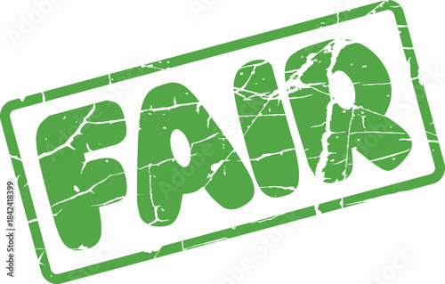 Distressed green rubber stamp impression featuring the impactful word FAIR