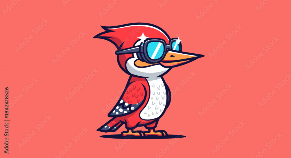 Fototapeta premium Cartoon red bird wearing sunglasses, standing on a coral background