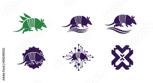 Six stylized armadillo logos in green and purple on white; varying designs