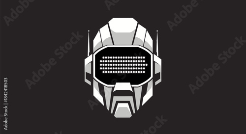 Geometric robot head in grayscale, featuring a dot-matrix screen, set against a dark background