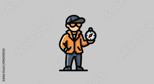 A cartoon figure holds a compass, wearing a hat, sunglasses, and jacket on gray