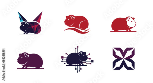 Six stylized illustrations of guinea pigs in various designs and colors