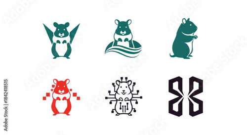 Collection of stylized hamster logos in various colors and designs on a white background