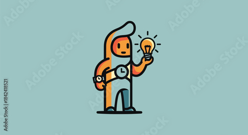 A stylized character holds a glowing lightbulb, with two watches, against a teal background