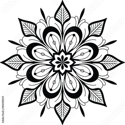 Ornate floral mandala, intricate symmetrical pattern, decorative leaf motif, elegant circular design, detailed vector illustration, artistic ornamental geometric artwork