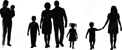 Silhouette families walking together with children, parent holding baby, diverse family group illustration, unity, parenting, childhood, lifestyle concept on white background